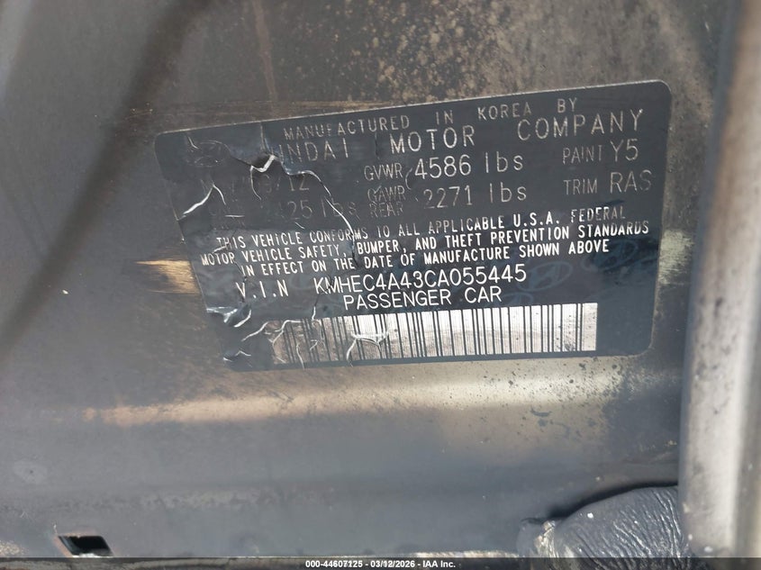 2012 Hyundai Sonata VIN KMHEC4A43CA055445 IAAI salvage auction — TOTAL BURN, Salvage Title, sold $50 on 2026-07-28 (photo 9)