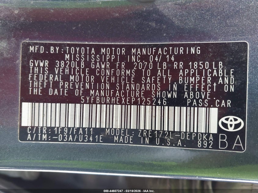 2014 Toyota Corolla VIN 5YFBURHEXEP125246 IAAI salvage auction — NORMAL WEAR, Clear (Alabama), sold $1,600 on 2026-07-29 (photo 9)