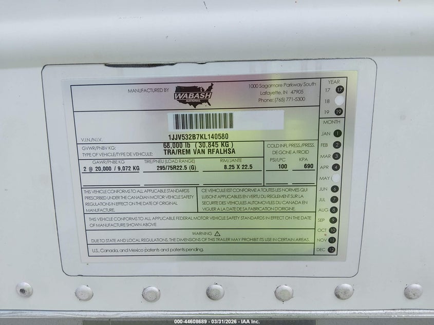 2019 Wabash national corp Unknown VIN 1JJV532B7KL140580 IAAI salvage auction — REAR END, Salvage (Alabama), sold $400 on 2026-08-20 (photo 9)