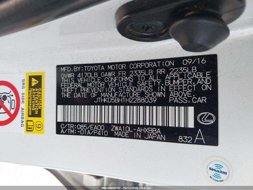 2017 Lexus Ct VIN JTHKD5BH1H2288039 IAAI salvage auction — REAR END, Salvage Title, sold $4,250 on 2026-07-22 (photo 9)