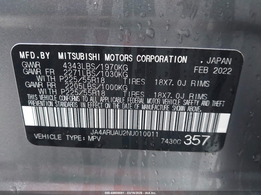 2022 Mitsubishi Outlander VIN JA4ARUAU2NU010011 IAAI salvage auction — TRANSMISSION, Salvage Title, sold $6,500 on 2026-07-15 (photo 9)