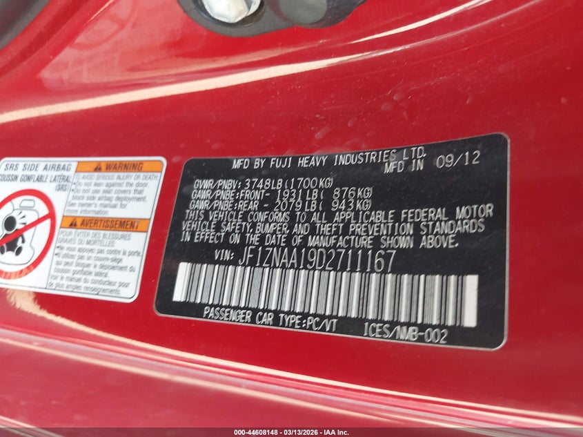 2013 Scion Fr-s VIN JF1ZNAA19D2711167 IAAI salvage auction — LEFT REAR, Original (Texas), sold $3,975 on 2026-07-07 (photo 9)