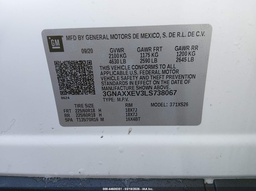 2020 Chevrolet Equinox VIN 3GNAXXEV3LS738067 IAAI salvage auction — REAR END, Salvage Title, sold $4,100 on 2026-07-20 (photo 9)