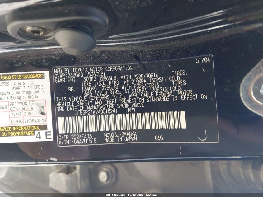 2004 Toyota Highlander VIN JTEGP21A240018241 IAAI salvage auction — FRONT END, Clear (Arkansas), sold $125 on 2026-07-29 (photo 9)
