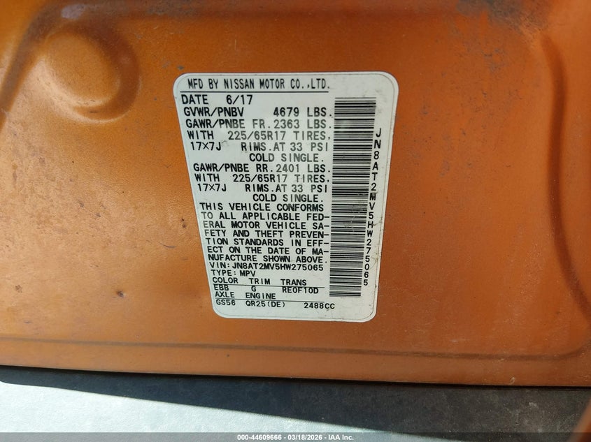 2017 Nissan Rogue VIN JN8AT2MV5HW275065 IAAI salvage auction — FRAME DAMAGE, Salvage Title, sold $1,200 on 2026-07-14 (photo 9)