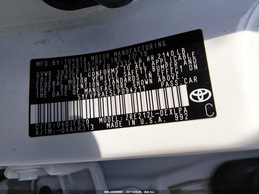 2020 Toyota Corolla VIN 5YFVPRAE5LP094211 IAAI salvage auction — FRONT END, Salvage (Kentucky), sold $4,100 on 2026-07-08 (photo 9)