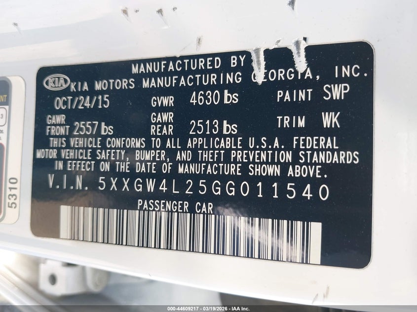 2016 Kia Optima VIN 5XXGW4L25GG011540 IAAI salvage auction — FRONT END, Salvage Title, sold $725 on 2026-07-28 (photo 9)