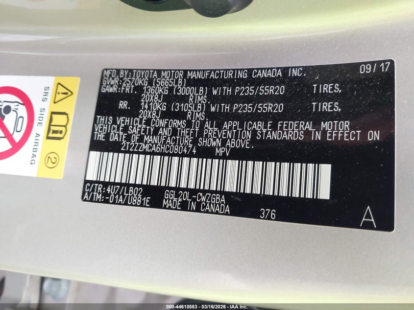2017 Lexus Rx VIN 2T2ZZMCA6HC080474 IAAI salvage auction — FRONT END, Salvage Title, sold $10,900 on 2026-07-19 (photo 9)
