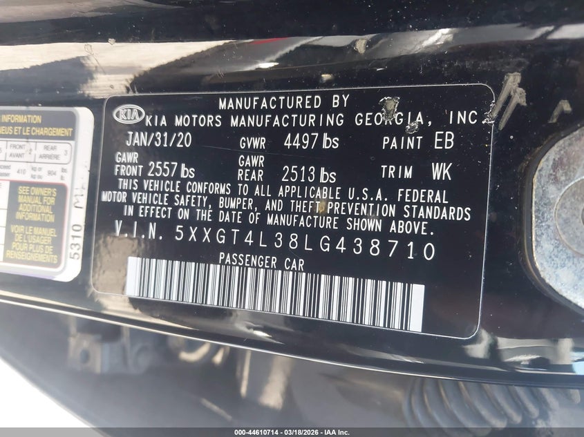2020 Kia Optima VIN 5XXGT4L38LG438710 IAAI salvage auction — RIGHT FRONT, Salvage Title, sold $575 on 2026-07-28 (photo 9)