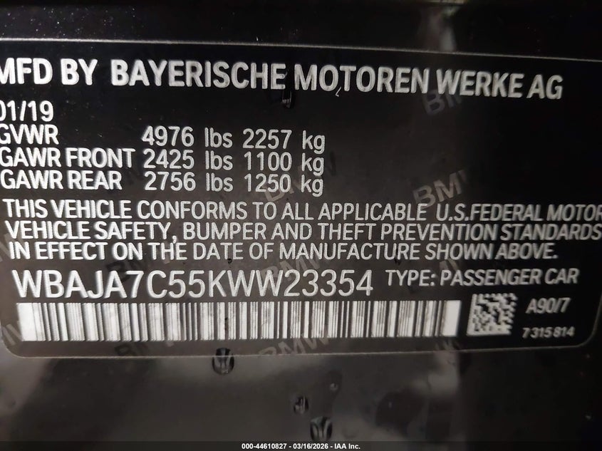 2019 BMW 5er VIN WBAJA7C55KWW23354 IAAI salvage auction — FRONT END, Salvage Title, sold $7,575 on 2026-07-15 (photo 9)