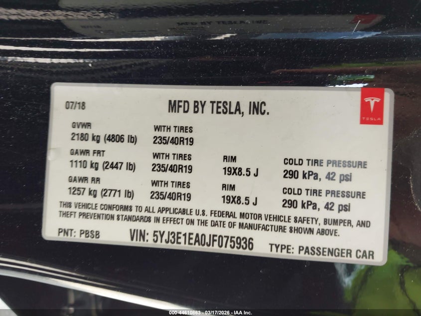2018 Tesla Model 3 VIN 5YJ3E1EA0JF075936 IAAI salvage auction — RIGHT REAR, Salvage Title, sold $5,600 on 2026-07-23 (photo 9)