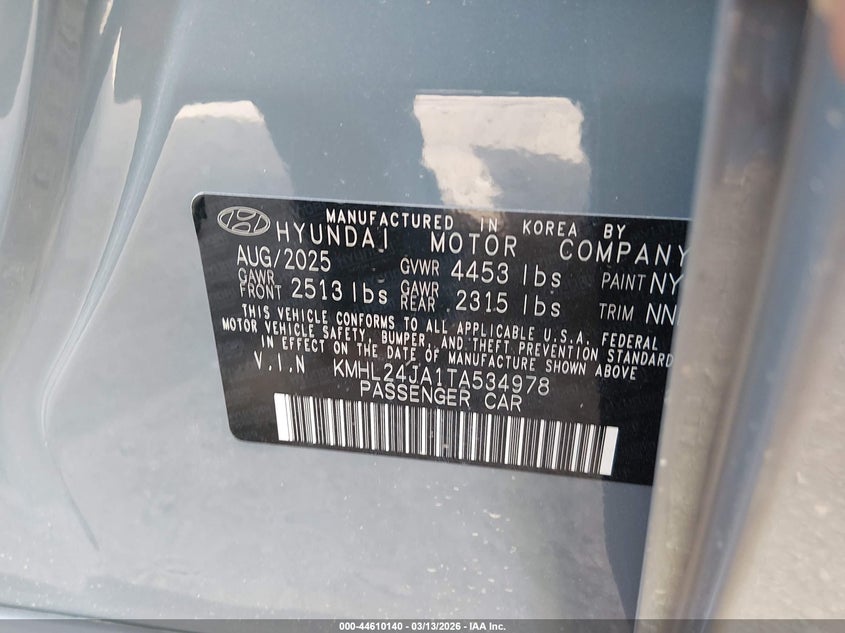 2026 Hyundai Sonata VIN KMHL24JA1TA534978 IAAI salvage auction — LEFT FRONT, Salvage Title, sold $7,250 on 2026-07-23 (photo 9)
