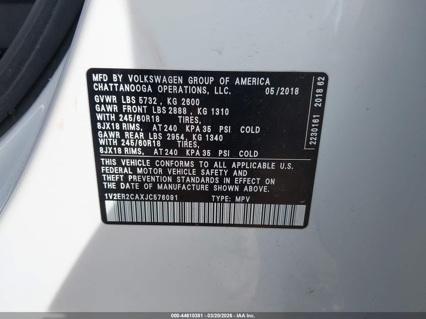2018 Volkswagen Atlas VIN 1V2ER2CAXJC576091 IAAI salvage auction — FRONT END, Salvage Title, sold $3,000 on 2026-07-28 (photo 9)