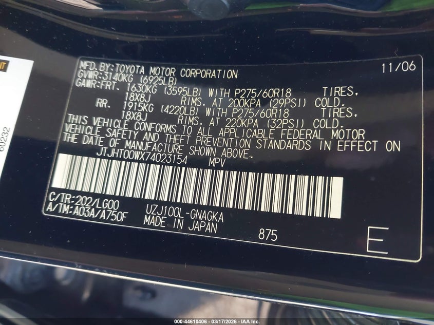 2007 Lexus Lx VIN JTJHT00WX74023154 IAAI salvage auction — RIGHT FRONT, Salvage (North Carolina), sold $6,600 on 2026-07-16 (photo 9)
