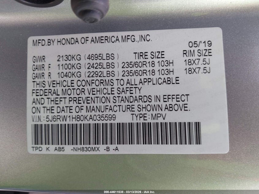 2019 Honda Cr-v VIN 5J6RW1H80KA035599 IAAI salvage auction — THEFT, Salvage Title, sold $5,950 on 2026-07-09 (photo 9)