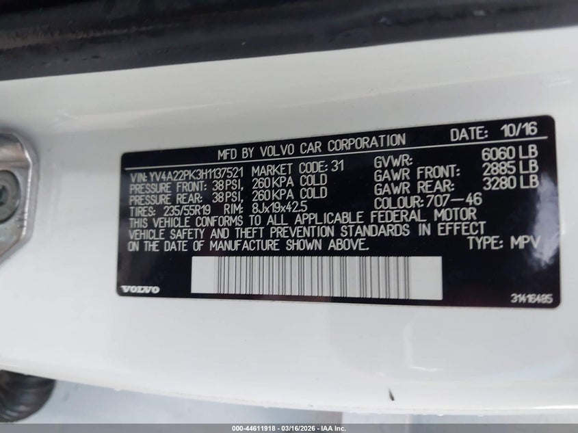 2017 Volvo Xc90 VIN YV4A22PK3H1137521 IAAI salvage auction — FRONT END, Clear (South Carolina), sold $7,000 on 2026-07-08 (photo 9)