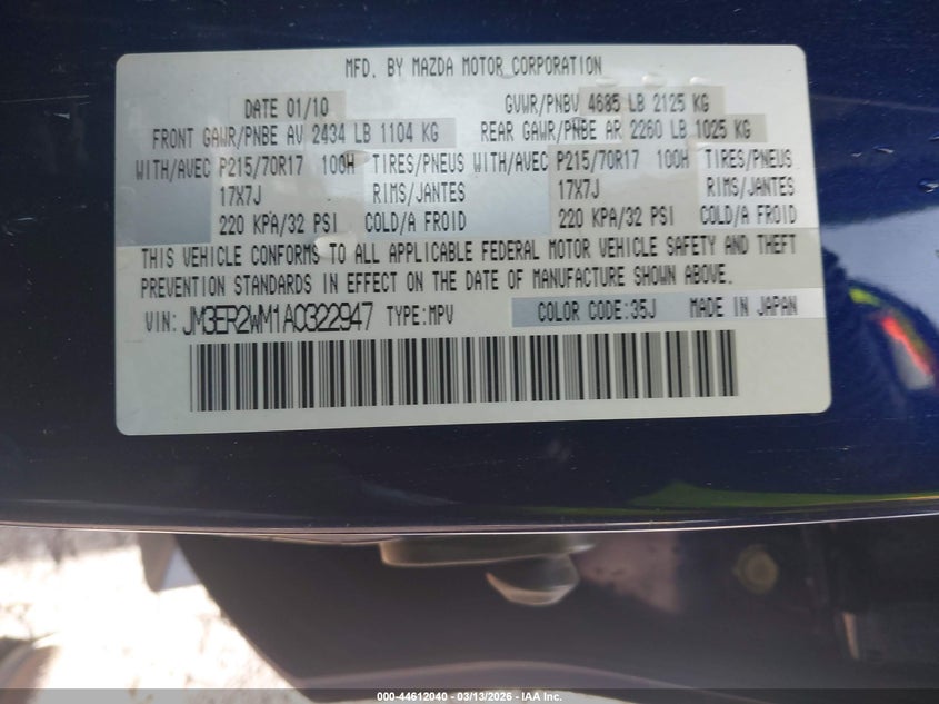 2010 Mazda Cx-7 VIN JM3ER2WM1A0322947 IAAI salvage auction — LEFT FRONT, Salvage (Nevada), sold $300 on 2026-07-24 (photo 9)