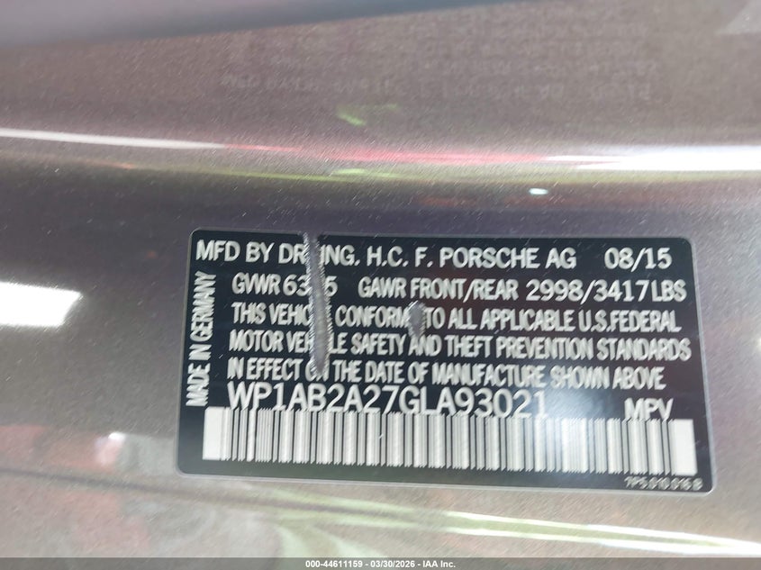 2016 Porsche Cayenne VIN WP1AB2A27GLA93021 IAAI salvage auction — FRONT END, Salvage (California), sold $5,250 on 2026-07-28 (photo 9)