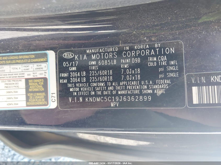 2018 Kia SEDONA VIN KNDMC5C19J6362899 IAAI salvage auction — LEFT & RIGHT, Salvage Title, sold $1,350 on 2026-07-08 (photo 9)