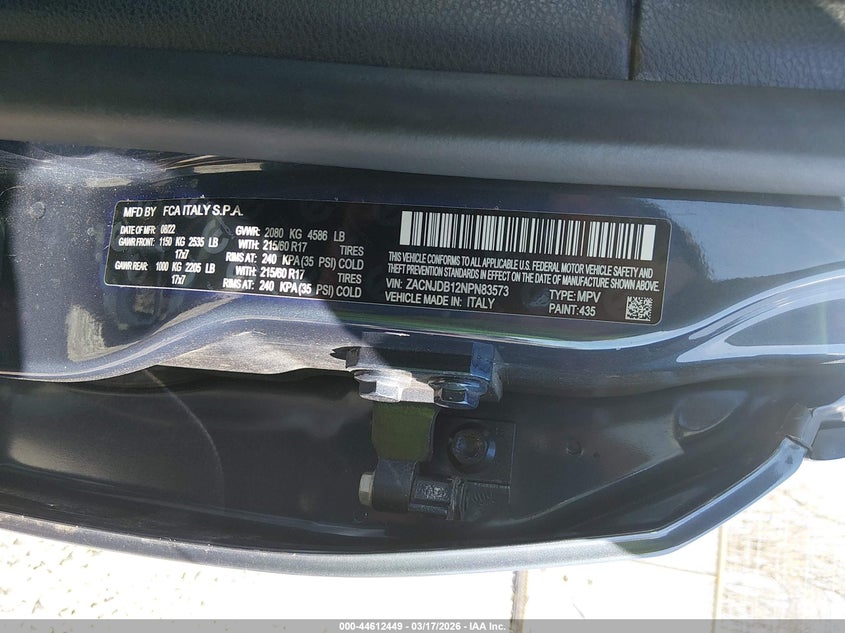 2022 Jeep Renegade VIN ZACNJDB12NPN83573 IAAI salvage auction — FRONT END, Salvage Title, sold $800 on 2026-07-21 (photo 9)