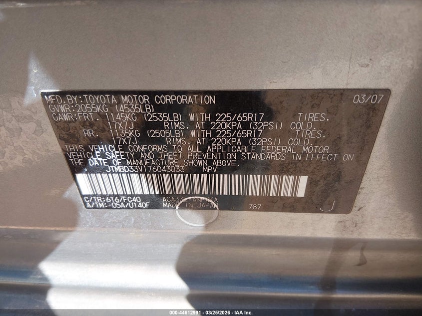 2007 Toyota Rav4 VIN JTMBD33V176043033 IAAI salvage auction — FRONT END, Salvage (Florida), sold $1,350 on 2026-07-15 (photo 9)