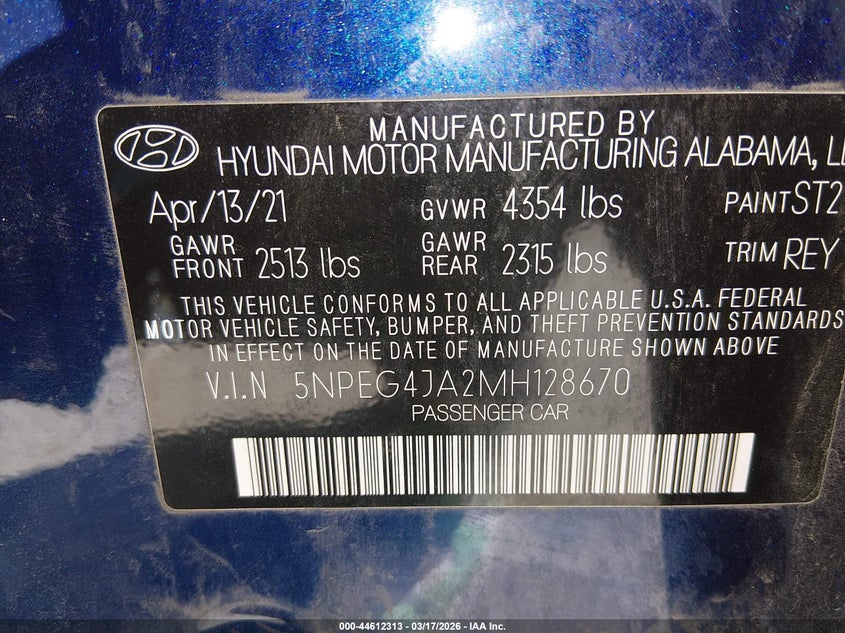 2021 Hyundai Sonata VIN 5NPEG4JA2MH128670 IAAI salvage auction — FRONT END, Clear (Missouri), sold $2,825 on 2026-07-21 (photo 9)