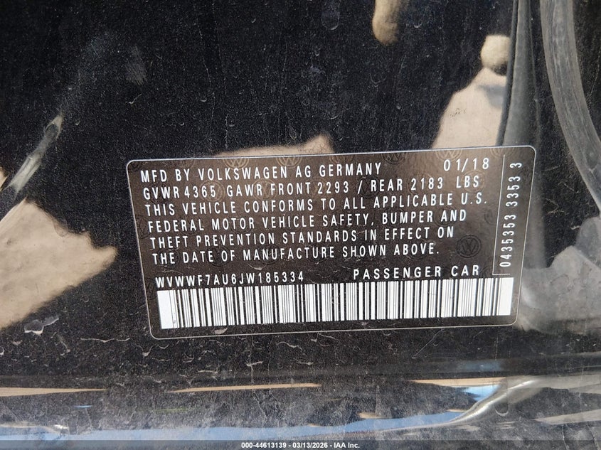 2018 Volkswagen Golf r VIN WVWWF7AU6JW185334 IAAI salvage auction — FRONT & REAR, Salvage Title, sold $6,100 on 2026-07-14 (photo 9)