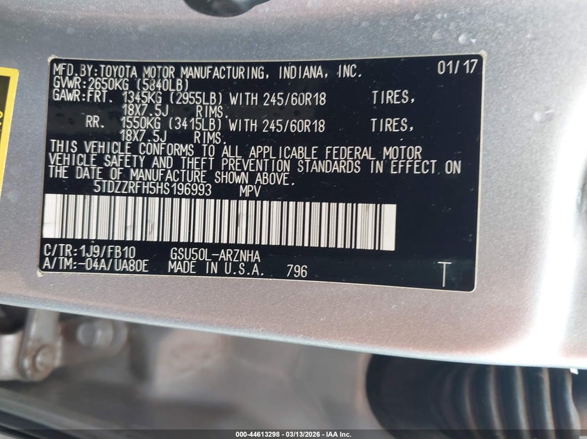 2017 Toyota Highlander VIN 5TDZZRFH5HS196993 IAAI salvage auction — LEFT FRONT, Clear (Hawaii), sold $5,025 on 2026-07-21 (photo 9)