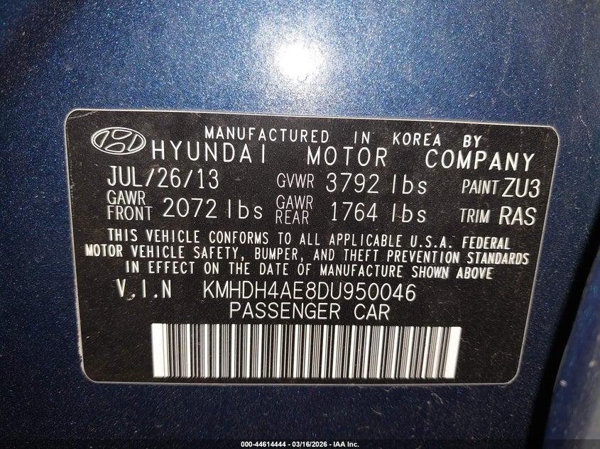 2013 Hyundai Elantra VIN KMHDH4AE8DU950046 IAAI salvage auction — LEFT SIDE, Salvage Title, sold $425 on 2026-07-07 (photo 9)