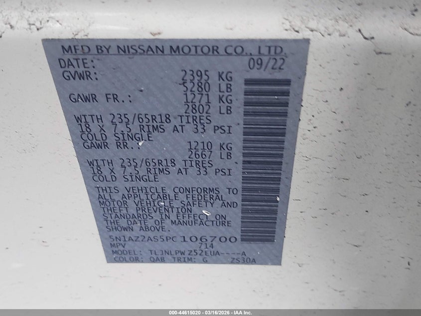 2023 Nissan Murano VIN 5N1AZ2AS5PC106700 IAAI salvage auction — LEFT SIDE, Salvage Title, sold $7,500 on 2026-07-13 (photo 9)