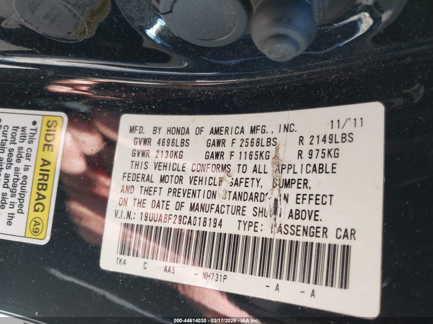 2012 Acura Tl VIN 19UUA8F29CA018194 IAAI salvage auction — FRONT END, Salvage Title, sold $700 on 2026-08-03 (photo 9)