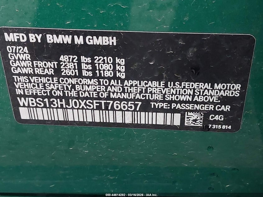 2025 BMW M3 VIN WBS13HJ0XSFT76657 IAAI salvage auction — FRONT END, Salvage Title, sold $26,250 on 2026-07-30 (photo 9)