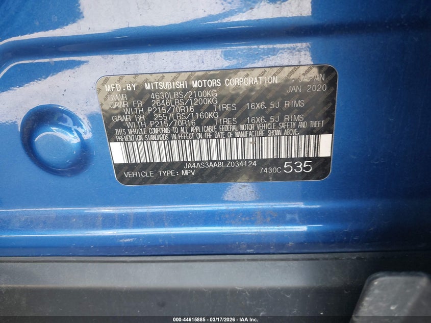 2020 Mitsubishi Eclipse cross VIN JA4AS3AA8LZ034124 IAAI salvage auction — FRONT END, Salvage Title, sold $2,300 on 2026-07-08 (photo 9)