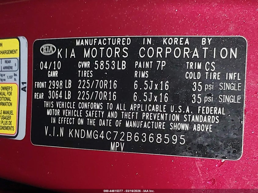 2011 Kia SEDONA VIN KNDMG4C72B6368595 IAAI salvage auction — RIGHT SIDE, Salvage (New Jersey), sold $675 on 2026-07-20 (photo 9)