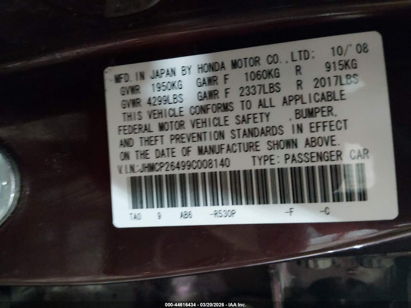 2009 Honda Accord VIN JHMCP26499C008140 IAAI salvage auction — FRONT END, Salvage (Idaho), sold $525 on 2026-07-24 (photo 9)