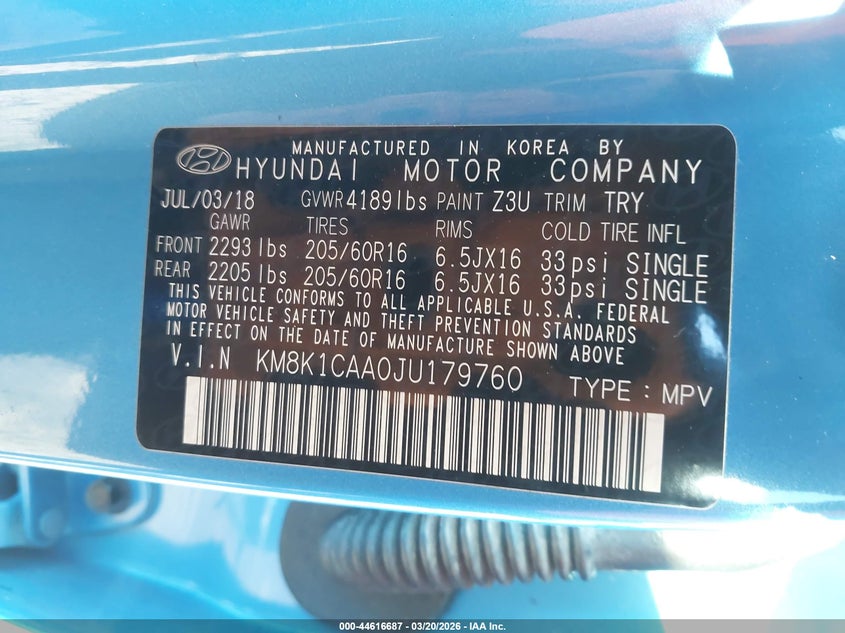 2018 Hyundai Kona VIN KM8K1CAA0JU179760 IAAI salvage auction — REAR END, Salvage Title, sold $2,650 on 2026-07-15 (photo 9)