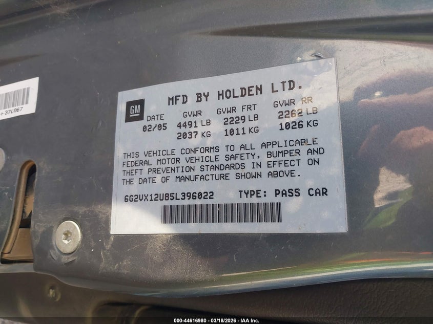 2005 Pontiac Gto VIN 6G2VX12U85L396022 IAAI salvage auction — FRONT END, Salvage (Texas), sold $3,700 on 2026-07-23 (photo 9)