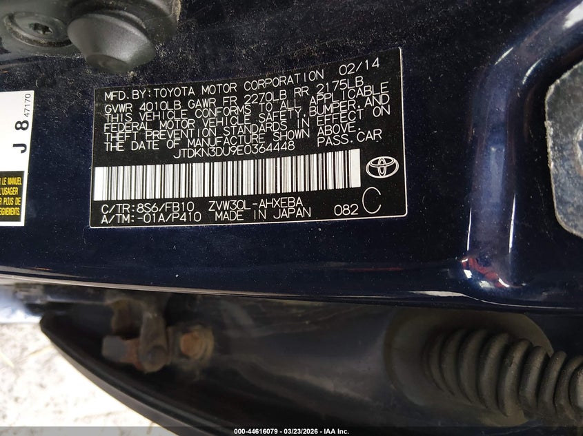 2014 Toyota Prius VIN JTDKN3DU9E0364448 IAAI salvage auction — REAR END, Salvage Title, sold $175 on 2026-07-23 (photo 9)