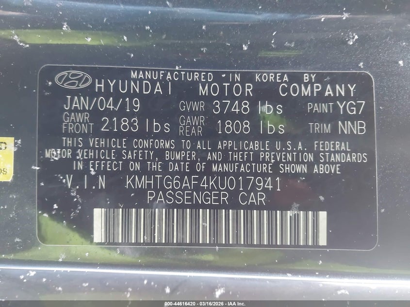2019 Hyundai Veloster VIN KMHTG6AF4KU017941 IAAI salvage auction — FRONT END, Salvage Title, sold $550 on 2026-07-28 (photo 9)
