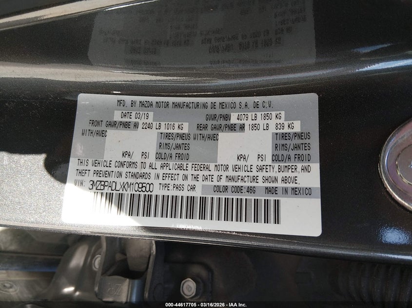 2019 Mazda 3 VIN 3MZBPADLXKM109500 IAAI salvage auction — TRANSMISSION, Salvage Title, sold $800 on 2026-07-21 (photo 9)