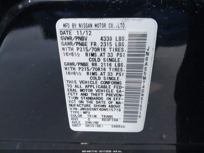 2013 Nissan Rogue VIN JN8AS5MT4DW515719 IAAI salvage auction — LEFT FRONT, Rebuildable (Florida), sold $25 on 2026-07-29 (photo 9)