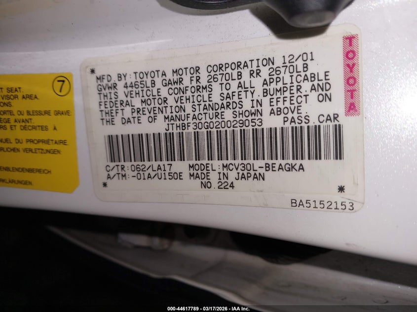 2002 Lexus ES VIN JTHBF30G020029053 IAAI salvage auction — NORMAL WEAR, Clear (Hawaii), sold $500 on 2026-07-24 (photo 9)