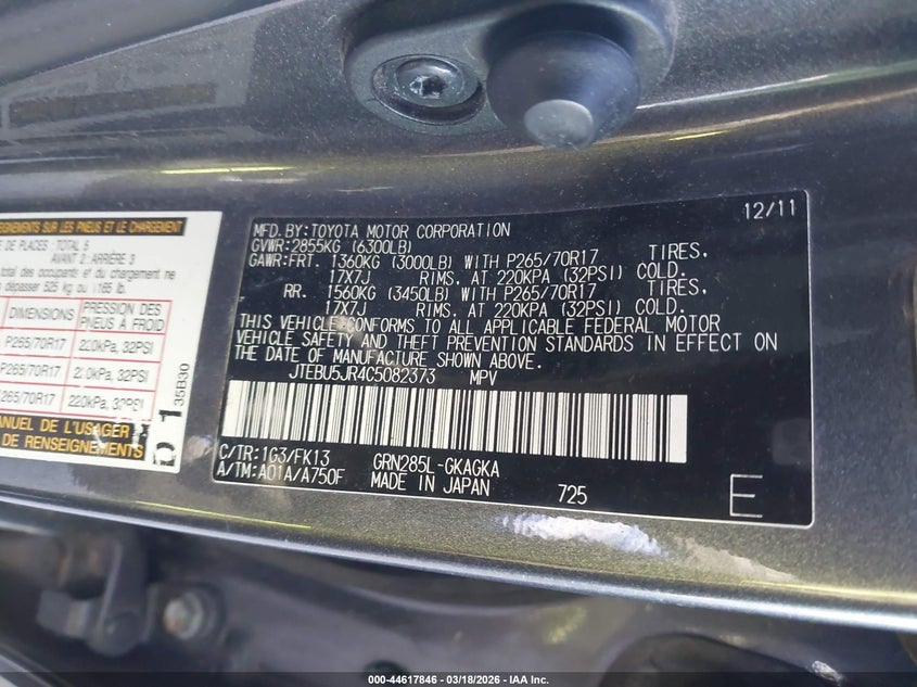 2012 Toyota 4runner VIN JTEBU5JR4C5082373 IAAI salvage auction — FRONT END, Salvage (Massachusetts), sold $4,450 on 2026-07-29 (photo 9)