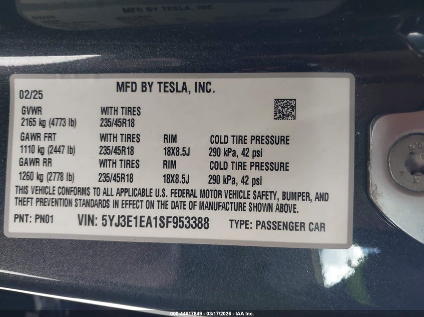 2025 Tesla Model 3 VIN 5YJ3E1EA1SF953388 IAAI salvage auction — FRONT & REAR, Salvage (Idaho), sold $9,200 on 2026-07-08 (photo 9)