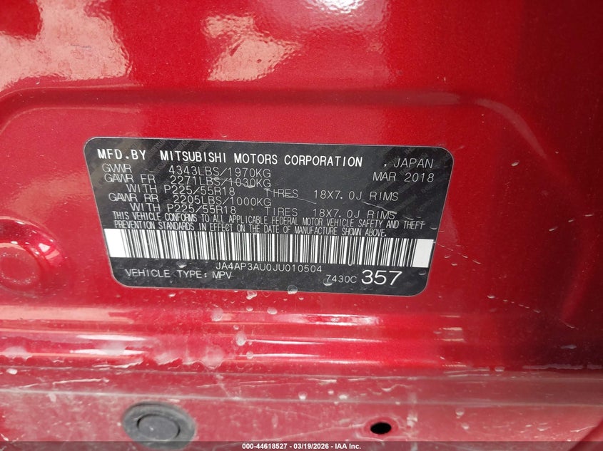 2018 Mitsubishi Outlander VIN JA4AP3AU0JU010504 IAAI salvage auction — FRONT & REAR, Salvage Title, sold $1,200 on 2026-07-21 (photo 9)