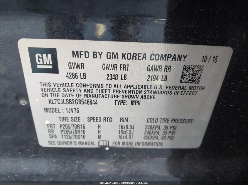 2016 Chevrolet Trax VIN KL7CJLSB2GB546644 IAAI salvage auction — FRONT END, Salvage Title, sold $425 on 2026-07-23 (photo 9)