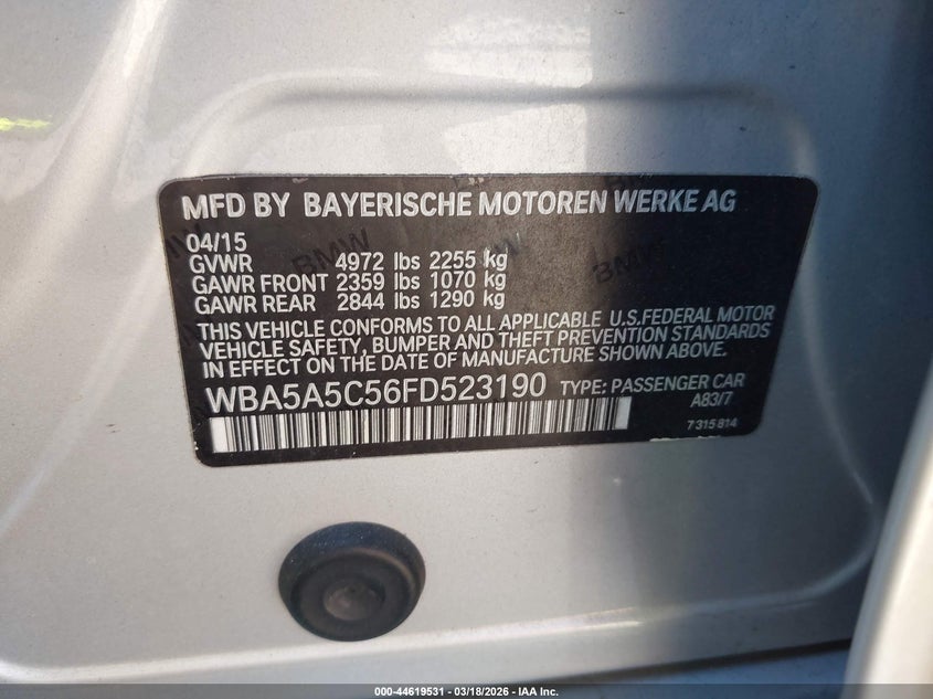 2015 BMW 5er VIN WBA5A5C56FD523190 IAAI salvage auction — LEFT FRONT, Salvage Title, sold $3,225 on 2026-07-16 (photo 9)