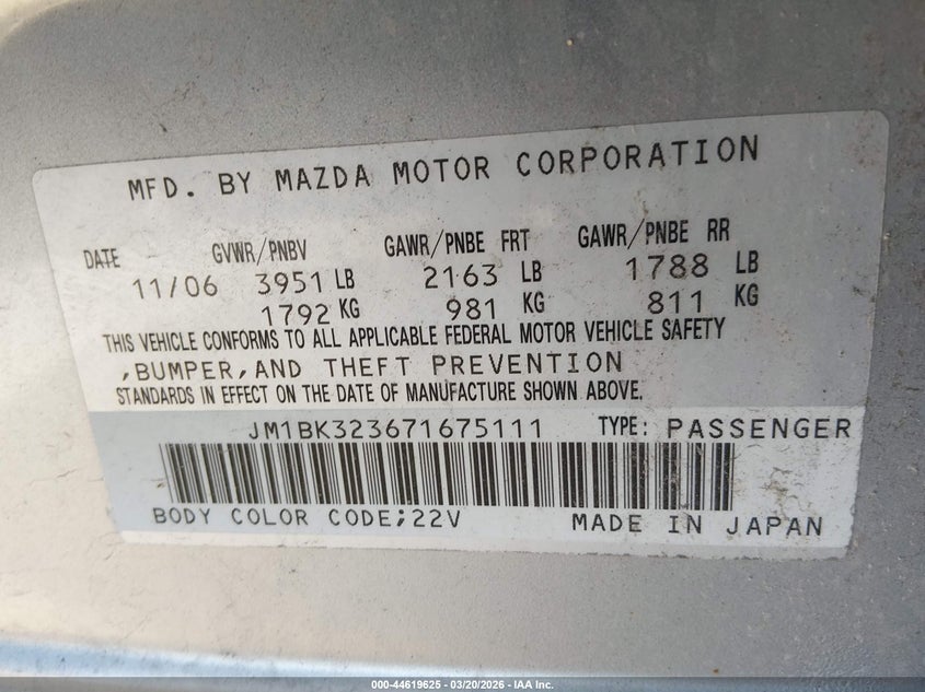 2007 Mazda 3 VIN JM1BK323671675111 IAAI salvage auction — RIGHT SIDE, Salvage (Utah), sold $275 on 2026-07-09 (photo 9)
