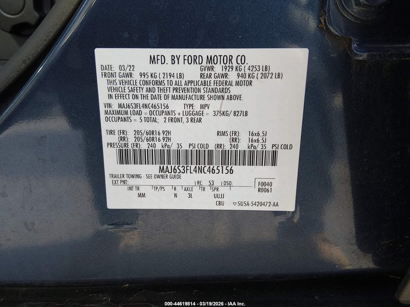 2022 Ford Ecosport VIN MAJ6S3FL4NC465156 IAAI salvage auction — RIGHT FRONT, Salvage (Illinois), sold $1,050 on 2026-07-07 (photo 9)