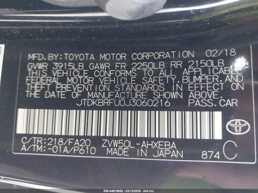 2018 Toyota Prius VIN JTDKBRFU0J3060216 IAAI salvage auction — LEFT & RIGHT, Salvage Title, sold $2,750 on 2026-07-20 (photo 9)